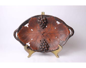 Hand Carved Wooden Bowl Grape Leaf Serving Tray Vintage Wood Decor