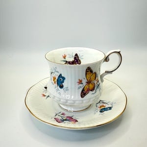 Vintage Queen&#39;s Rosina Centenary Dear Tea Cup and Saucer with Butterfly Floral Design