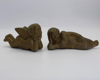 Par de querubines dorados vintage, ángeles navideños de cerámica, decoración navideña de mediados de siglo