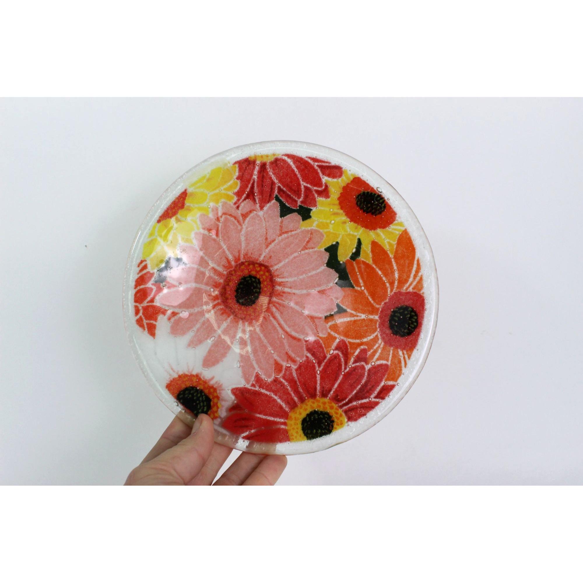 Vintage Peggy Karr Fused Glass Gerbera Daisy Plate, Floral Art