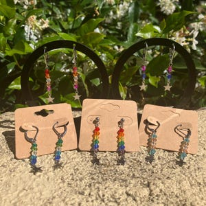 May include: Rainbow beaded earrings with star charms. The earrings are displayed on small brown cards and black earring stands. The beads are in a gradient of colors, and the star charms are silver.