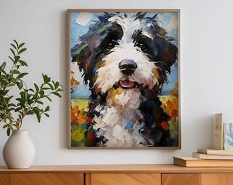 May include: A colorful painting of a dog's face. The dog has black and white fur and a happy expression. The background is a blurred landscape with green and blue colors.