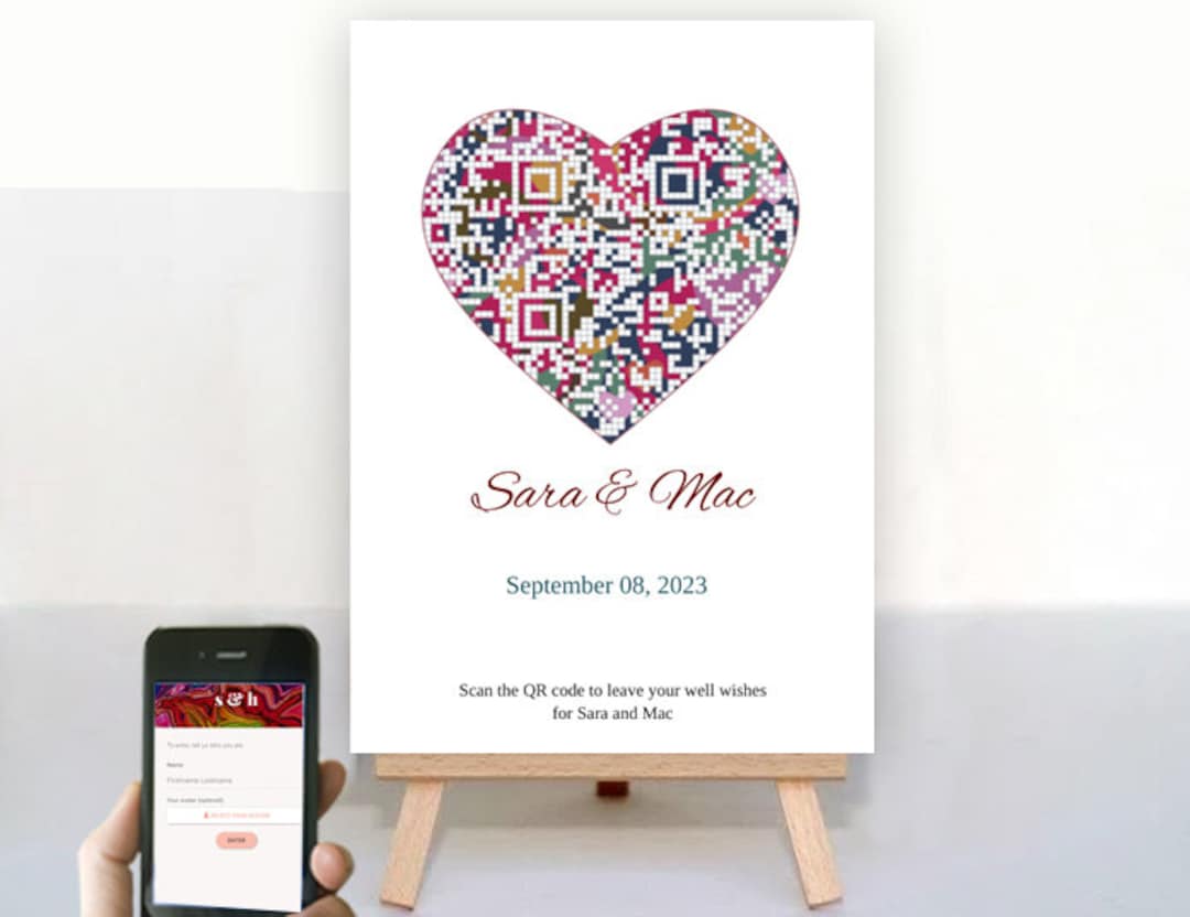 Colorful Heart Custom QR Code Sign Wedding Guestbook Alternative Custom