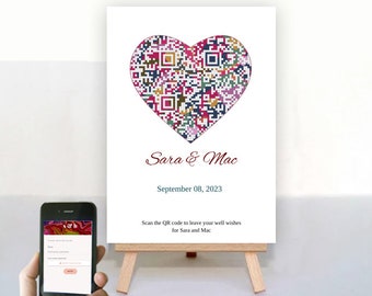 Colorful heart custom QR code sign wedding guestbook alternative – custom digital wedding sign for online guestbook