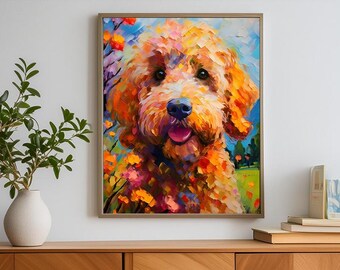 May include: A colorful painting of a golden doodle dog with a happy expression. The dog is surrounded by flowers and greenery, creating a vibrant and cheerful scene.
