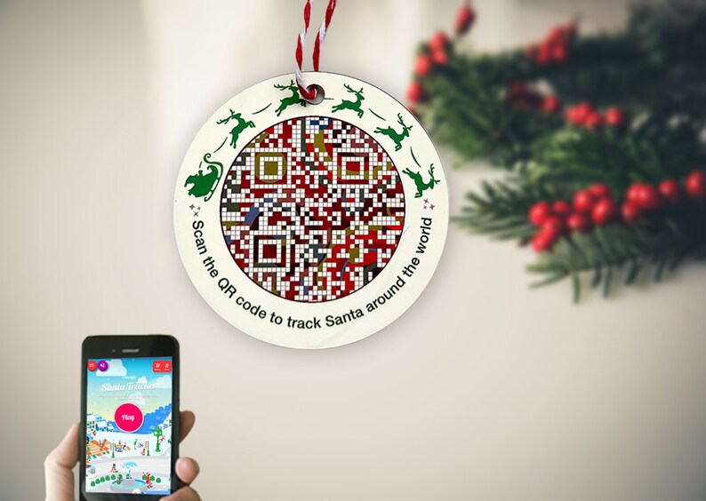 Festive Fun QR Code Santa Tracker Ornament / Bright Christmas Google