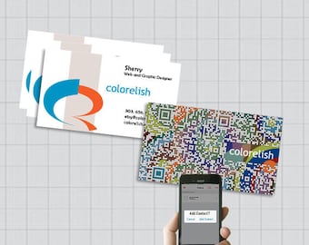 May include: A business card featuring the name Sherry, Web and Graphic Designer, and the company name colorelish. The card has a colourful logo with a stylised letter R. The card also includes a QR code and contact information.