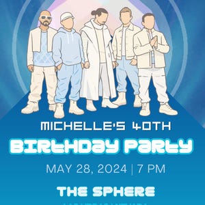 Op de afbeelding: Een blauwe uitnodiging met een illustratie van vijf personen. De tekst luidt: "DOE MEE EN VIER MICHELLE'S 40E VERJAARDAG OP 28 MEI 2024 OM 19:00 UUR THE SPHERE LAS VEGAS | NEVADA".
