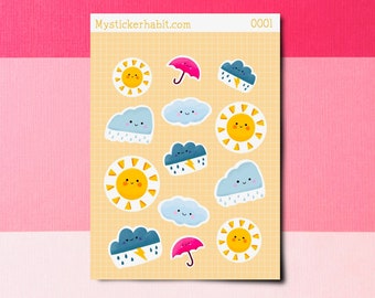 Kawaii Weather Stickers, Weather Planner Stickers, Cloud Stickers, Weather Scrapbook Stickers,  Diary Stickers, Sticker Sheet, Mood