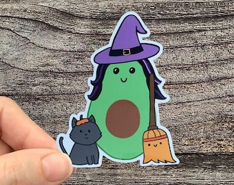 Pegatina de aguacate de Halloween: vinilo de fruta de bruja kawaii espeluznante para botellas de agua, portátiles y diarios.