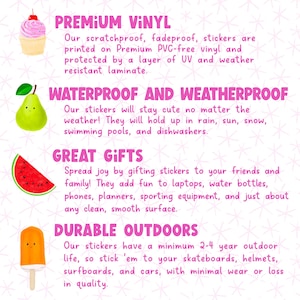 May include: A colourful graphic with text describing the features of premium vinyl stickers. The text includes "Premium Vinyl", "Waterproof and Weatherproof", "Great Gifts", and "Durable Outdoors".