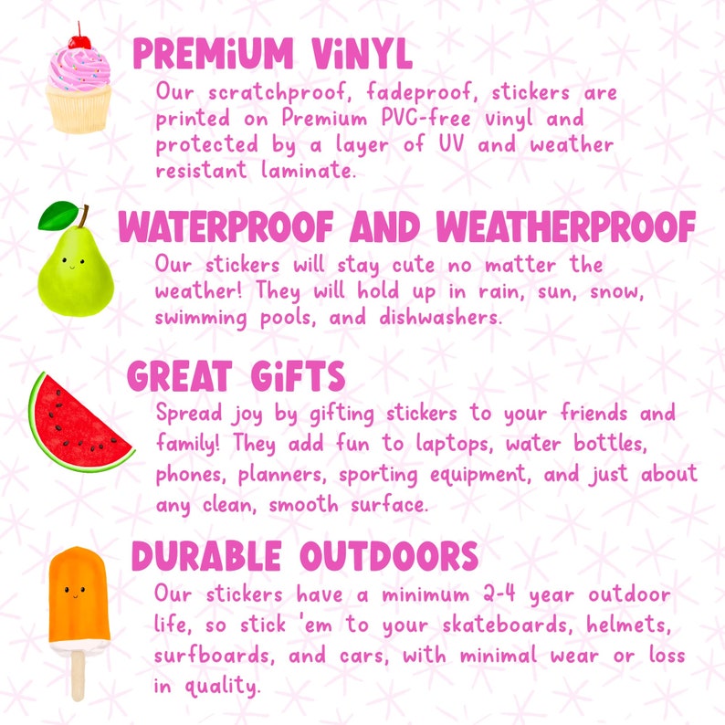 May include: A colourful graphic with text describing the features of premium vinyl stickers. The text includes "Premium Vinyl", "Waterproof and Weatherproof", "Great Gifts", and "Durable Outdoors".