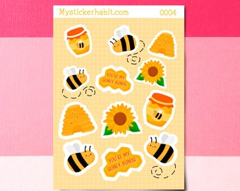 Bumble Bee Stickers, Sunflower Stickers, Honey Bee Sticker Sheet, Kawaii Bee Stickers, Honey Stickers, Save the Bees, Cute Diary Stickers