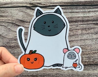 Kawaii Halloween Cat Ghost Vinyl Sticker: Waterproof Laptop Decal