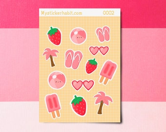 Summer Planner Stickers, Strawberry Stickers, Beach Theme Stickers, Cute Summer Stickers, Summer Diary Stickers, Diary Sticker Sheet