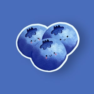 May include: Three blue blueberries with white outlines and cute cartoon faces. Each blueberry has a small white star on top.