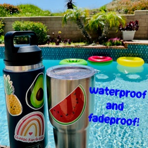 May include: Two stainless steel tumblers with colourful stickers. The tumbler on the left has a pineapple, avocado, and rainbow sticker. The tumbler on the right has a watermelon sticker. The text "Waterproof and fadeproof!" is written in blue on a background of a swimming pool.