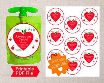 Applesauce Valentine Pouch Labels, Instant Download, Awesome Sauce, Classroom Valentines, Valentine Stickers, Printable Applesauce Valentine