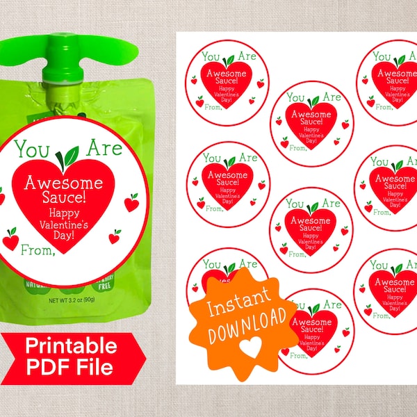 Applesauce Valentine Pouch Labels, Instant Download, Awesome Sauce, Classroom Valentines, Valentine Stickers, Printable Applesauce Valentine