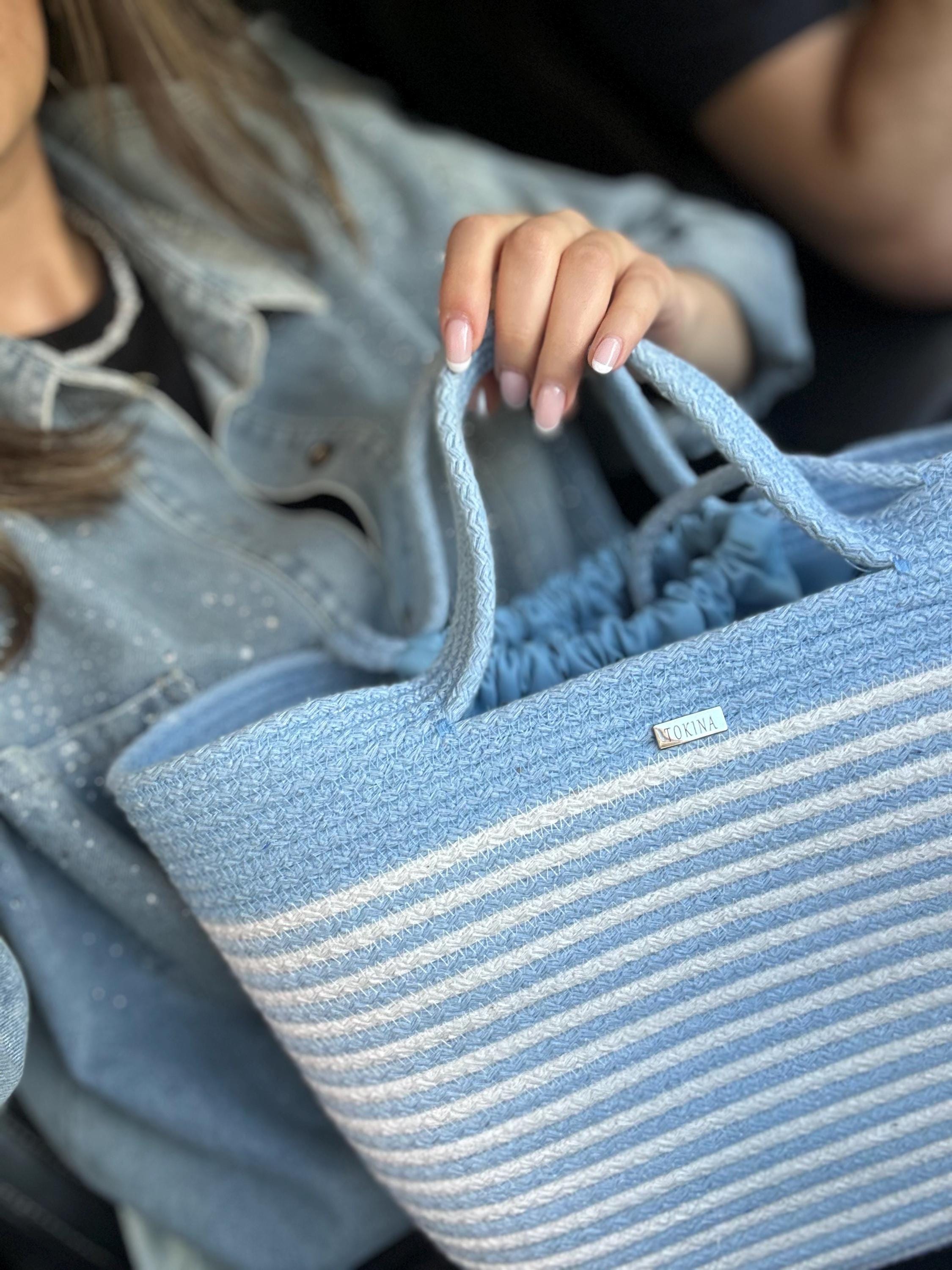 Handmade Cotton Rope Tote Sky Blue Bag, Structured Handbag, Minimalist Shoulder Bag