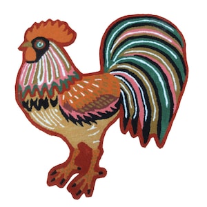 3x5 ft Rooster Shaped Tufted Rug – Handmade Farm Animal Carpet – Rustic Chicken Rug – Farmhouse Entryway Mat – Country Style Bird Rug