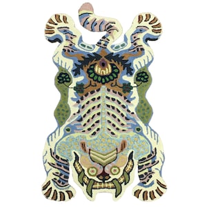 Tibetan Tiger Rug 3x5ft – Hand-Tufted Wool Animal Shaped Carpet – Bold Multicolor Tiger Decor – Boho Jungle Rug – Fierce Statement Piece