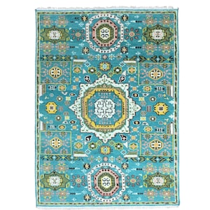 Blue Turquoise Wool Rug 6x9 ft | Vibrant Blue Geometric Oriental Carpet | Living Room Turquoise Area Rug | Boho Medallion Floor Decor Rug