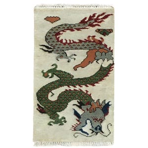 Alfombra de dragón anudada a mano de 60 x 120 cm: alfombra oriental de lana con acentos, alfombra pequeña de estilo tibetano, alfombra decorativa tejida artesanalmente.