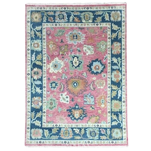 Pink Blue Oushak Rug – Hand Knotted Pink Wool Floral Turkish Area Carpet – Large Oriental Boho Living Room Rug 4x6 5x8 6x9 8x10 9x12 10x14