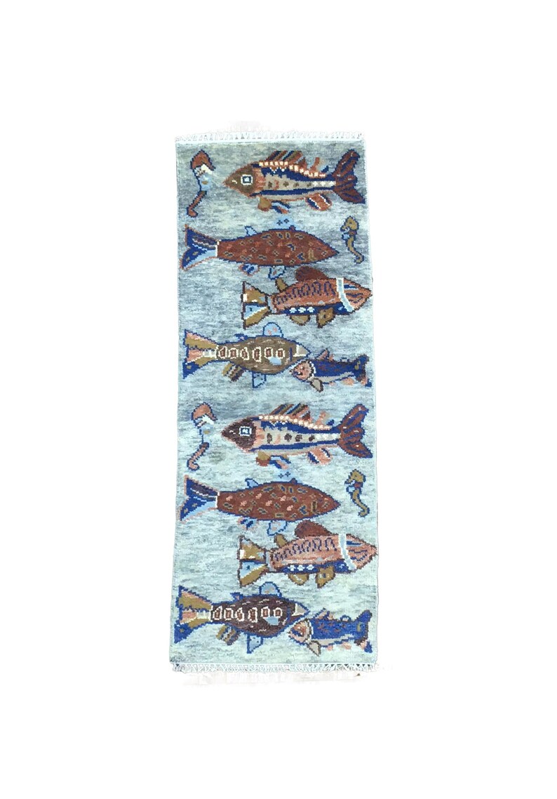 Handmade 2x6 Ft Fish Design Runner Rug – Aqua Blue Wool Hallway Rug – Whimsical Sea Life Carpet – Nautical Decor – Coastal Home Accent