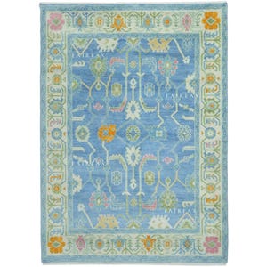 Hand-Knotted Wool Oushak Rug: Sky Blue Floral Carpet
