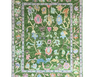 Green Oushak Rug 8x10: Hand-Knotted Wool Floral Carpet