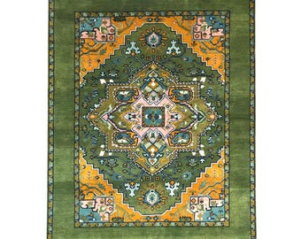 Handmade Wool Area Rug: Green & Mustard Oriental Medallion, 8x10 Turkish Style