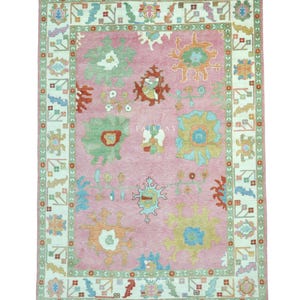 Handmade Pink Wool Oushak Rug: Turkish Floral Design, Custom Size