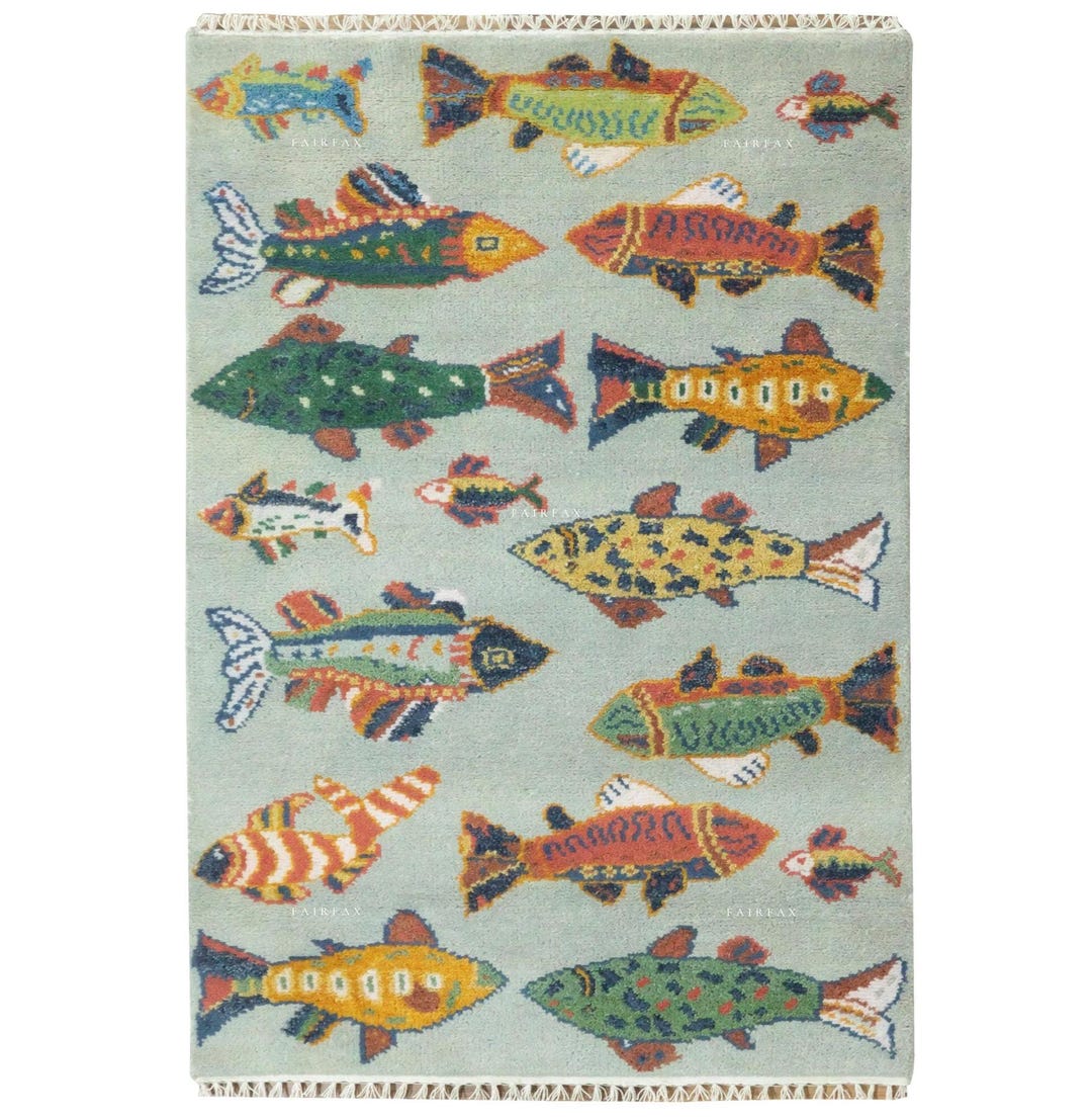 Handmade Fish Pattern Wool Runner Rug, Nautical Coastal Area Carpet ...