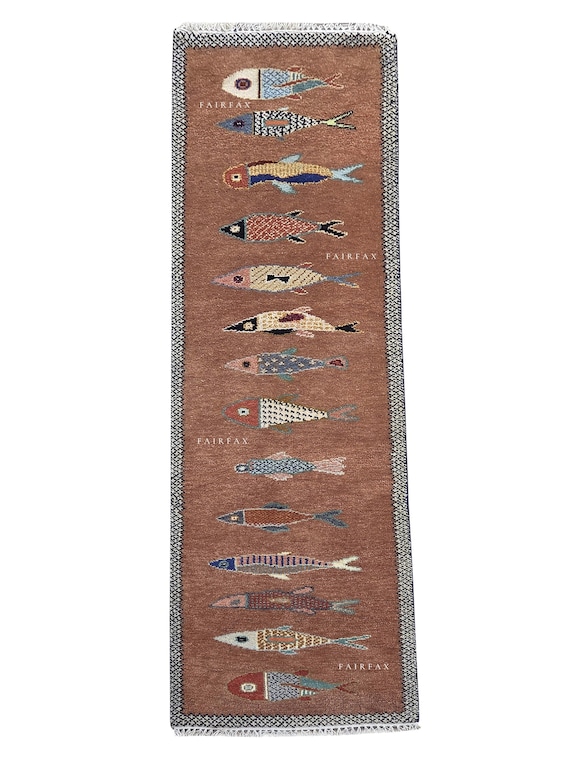 Hand Knotted Koi Fish Rug • Handmade Wool Runner • Brown Fish Hallway Carpet