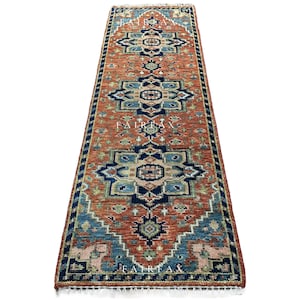 Rust Blue Tribal Runner – 8 ft Handmade Hallway Rug | Vintage-Inspired Narrow Carpet for Entryway, Kitchen or Bed room | 2.6X8 Feet