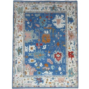 Handmade Blue Oushak Wool Rug 10x14 ft: Vintage Inspired Tribal Carpet