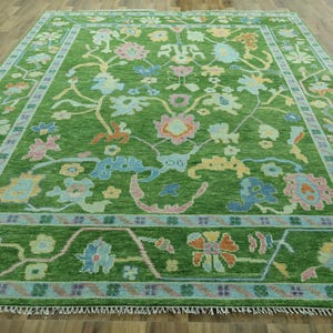 Green Oushak Rug 9x12: Hand-Knotted Wool, Soft Pastel Floral Turkish Carpet