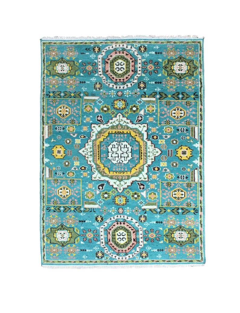 Blue Turquoise Wool Rug 6x9 ft | Vibrant Blue Geometric Oriental Carpet | Living Room Turquoise Area Rug | Boho Medallion Floor Decor Rug