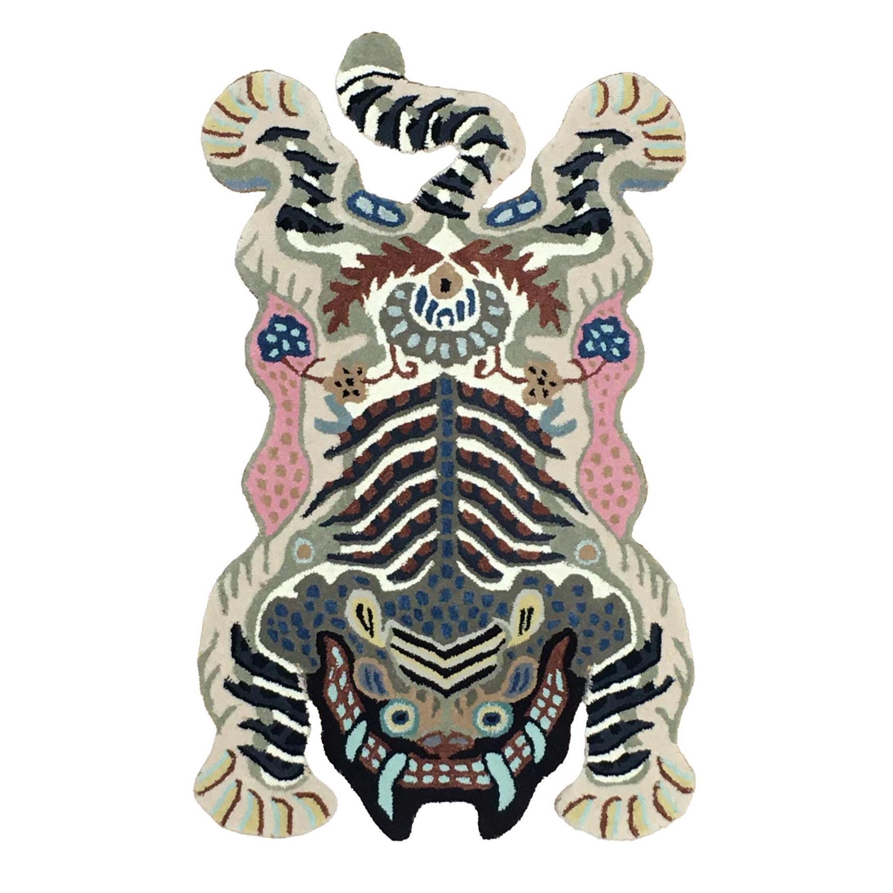 Tibetian Tiger Shaped Rug 3x5 ft – Multicolor Abstract Animal Rug – Bold Tufted Art Carpet – Vibrant Living Room Tiger – Funky Handmade Rug