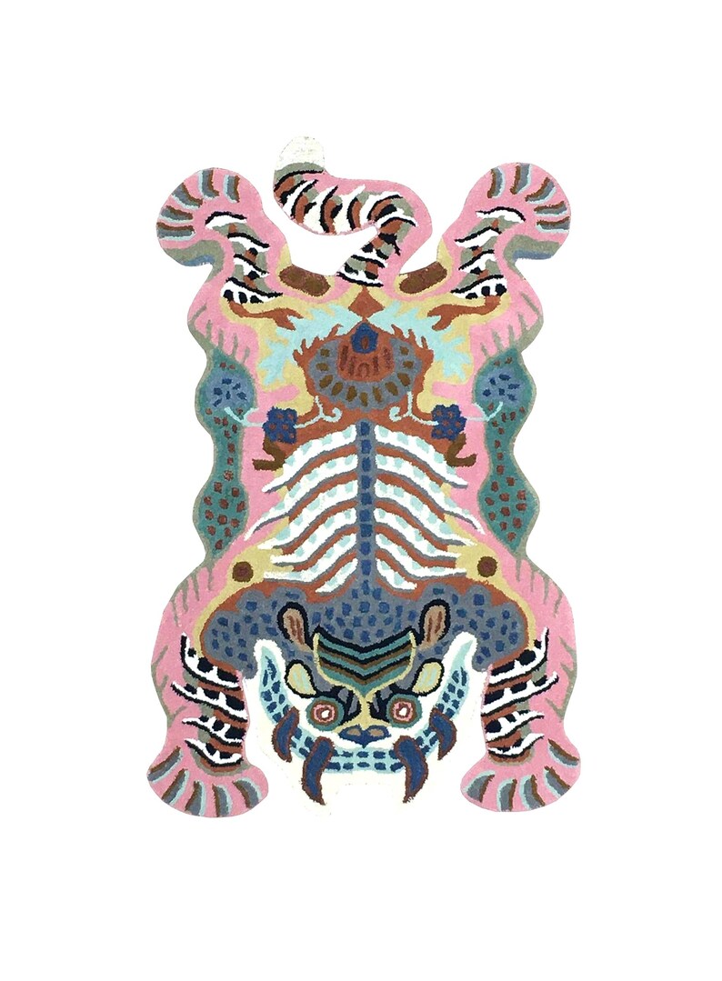 Tibetian Tiger Shaped Rug 3x5 ft – Multicolor Abstract Animal Rug – Bold Tufted Art Carpet – Vibrant Living Room Tiger – Funky Handmade Rug