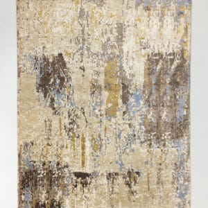 Handgeknoopt bamboezijden vloerkleed: abstracte kunst, blauwgoudbeige - 5 x 8