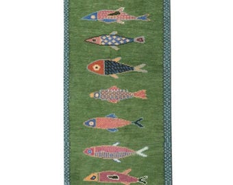 Loper vloerkleed koivissen: groen kleurrijk tapijt handgemaakt wollen vloerkleed