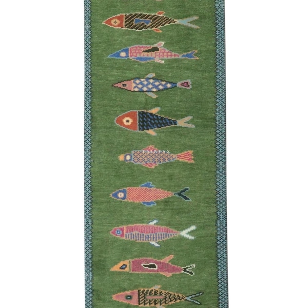 Koi Fish Runner Rug: Green Colorful Carpet Handmade Wool Area Rug