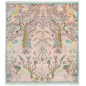 Handmade Wool Tree of Life Rug: Pastel Pink Floral Carpet 8x8