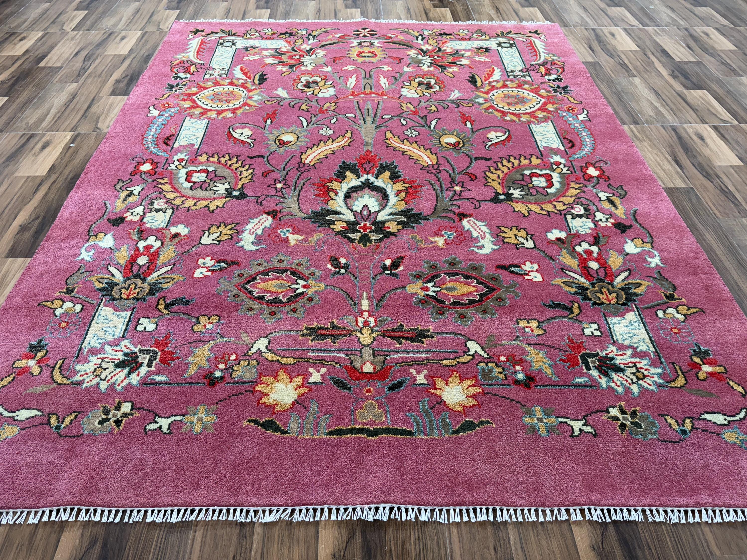 Hand-Knotted Wool Area Rug: 8x10 Pink Floral Oriental Carpet