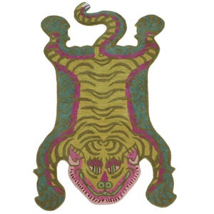 Hand-Tufted Wool Tiger Rug: Olive Green Tibetan Style, 3x5 ft