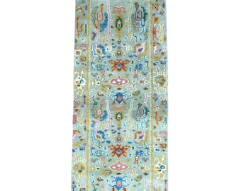 Oushak Runner Rug: Hand-Knotted Wool, Pastel Blue Turkish Style (2.6x8 ft.)