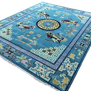 Alfombra de dragón chino azul verdoso de 8 x 10 pulgadas, anudada a mano, de lana, oriental, con símbolo Feng Shui, estilo art déco, turquesa, para sala de estar.